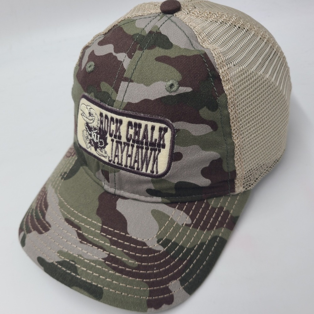 Kansas Jayhawks Hat Snapback Trucker Mesh The Game Camo Beige NCAA Rock Chalk